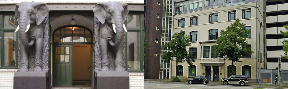 Eingang des Elefantenhauses und dies Rückseite des Afrikahauses heute an der Willy-Brandt-Straße.